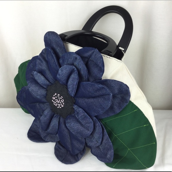 HandMade OOAK 3D big denim flower canvas bag - Picture 2 of 7